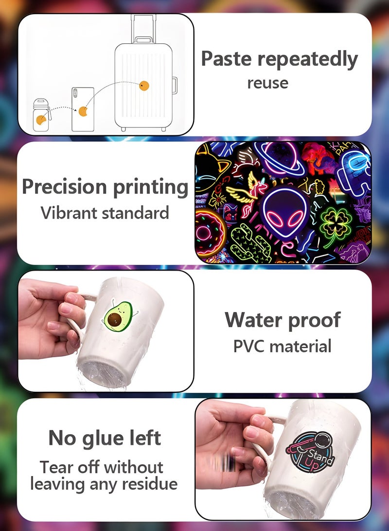 GROIC 100 قطعة من ملصقات ضوء النيون الرائعة للأطفال والمراهقين والبالغين، مجموعة ملصقات نيون عصرية مقاومة للماء من مادة PVC لزجاجة المياه، ولوح التزلج على الجيتار، والأمتعة، والهاتف - Image 3