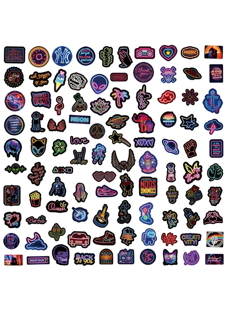 GROIC 100 قطعة من ملصقات ضوء النيون الرائعة للأطفال والمراهقين والبالغين، مجموعة ملصقات نيون عصرية مقاومة للماء من مادة PVC لزجاجة المياه، ولوح التزلج على الجيتار، والأمتعة، والهاتف - Image 2