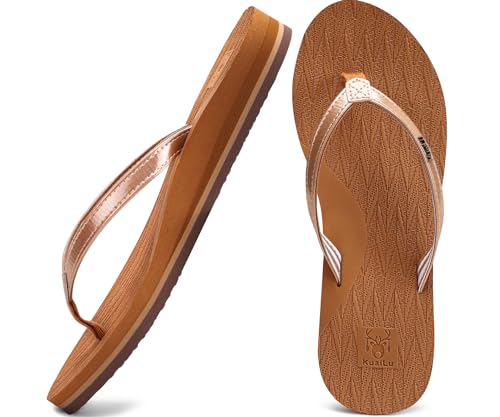 KuaiLu Womens Fashion Flip Flops Ladies Lightweight Summer Beach Yoga Mat Thong Sandals with Comfortable Arch Support Khaki Size 7 - Image 1
