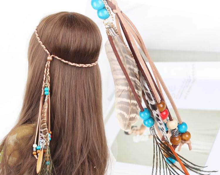 Campsis Campsis Indian Peacock Feather Headbands Boho Princess Head Chain Bule Adjust Headdress Handmade Rope Hair Accessories for Women and Girls G
