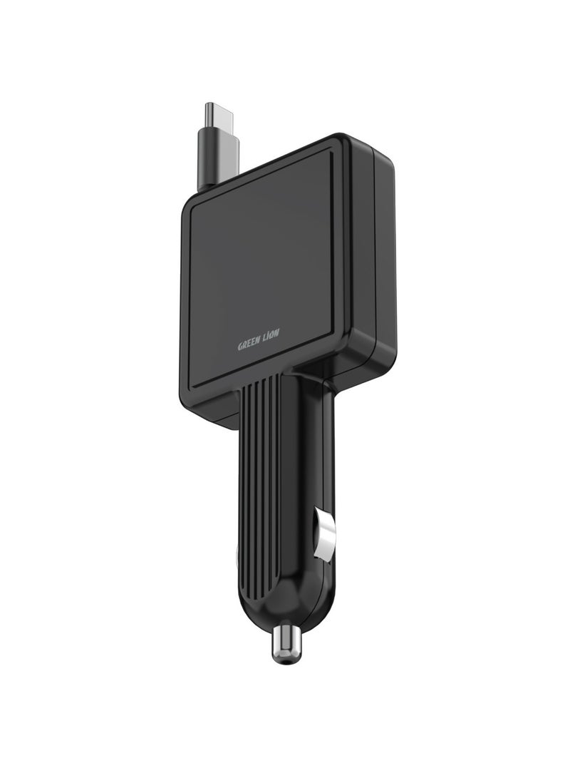 GREEN LION Retractable PD 30W Car Charger / Built in Fuse / 80cm USB-C Cable Length / Fast Charging / Overcurrent & Short Circuit Projection / Telescopic Charging Cable - Black - Image 1