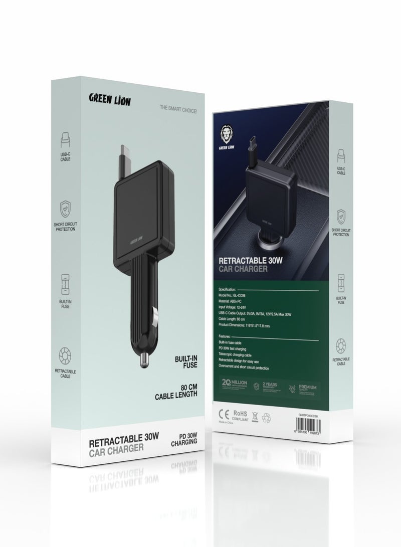 GREEN LION Retractable PD 30W Car Charger / Built in Fuse / 80cm USB-C Cable Length / Fast Charging / Overcurrent & Short Circuit Projection / Telescopic Charging Cable - Black - Image 2