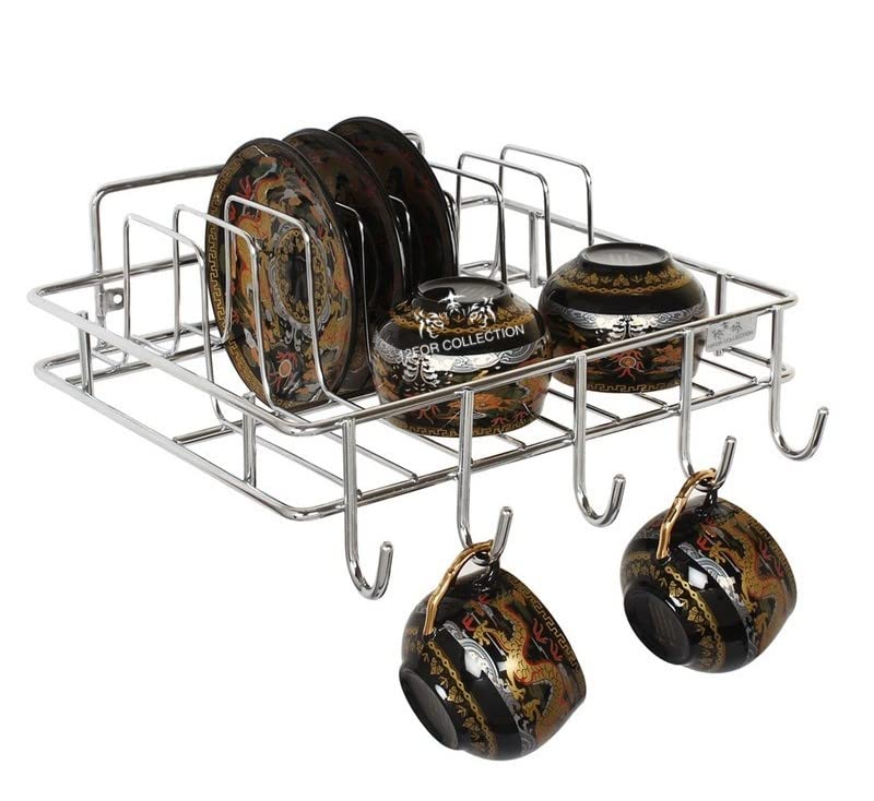 12FOR COLLECTION Multipurpose Wall Hanging Stainless Steel Big Mug,Cup & Saucer Holder, Plate Organizer Space Kitchen Saving Rack Utensil Kitchen Rack (Stainless Steel, Hanging Shelves, 4 x 10) - Image 3