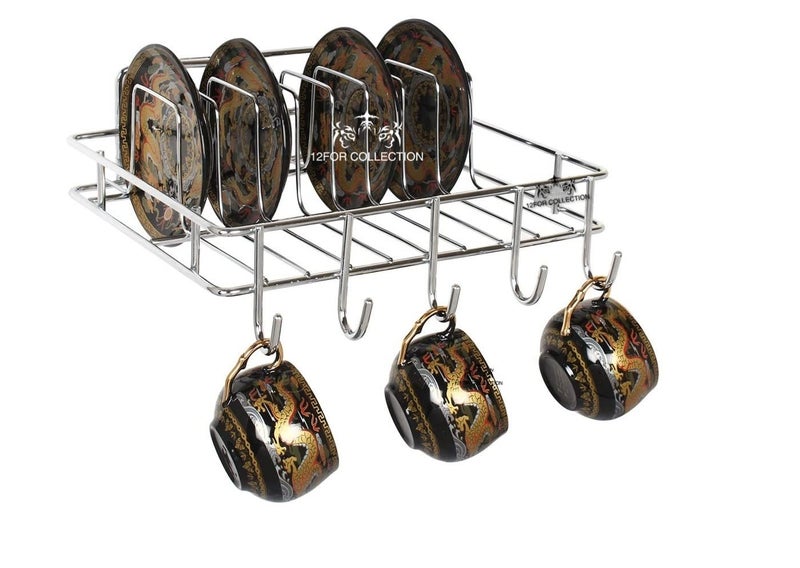 12FOR COLLECTION Multipurpose Wall Hanging Stainless Steel Big Mug,Cup & Saucer Holder, Plate Organizer Space Kitchen Saving Rack Utensil Kitchen Rack (Stainless Steel, Hanging Shelves, 4 x 10) - Image 4