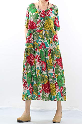 Minibee Women's Bohemian Maxi Dress Summer Short Sleeve Boho Floral Long Beach Swing Dresses with Pockets Green M - Image 3