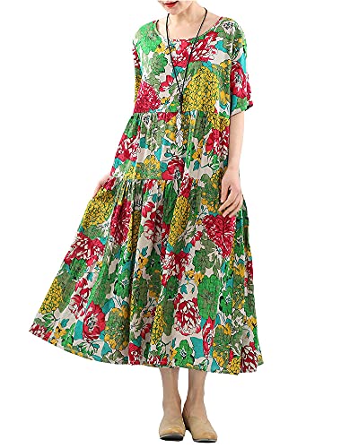 Minibee Women's Bohemian Maxi Dress Summer Short Sleeve Boho Floral Long Beach Swing Dresses with Pockets Green M - Image 1