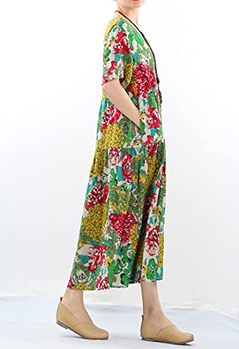 Minibee Women's Bohemian Maxi Dress Summer Short Sleeve Boho Floral Long Beach Swing Dresses with Pockets Green M - Image 5