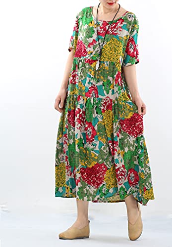 Minibee Women's Bohemian Maxi Dress Summer Short Sleeve Boho Floral Long Beach Swing Dresses with Pockets Green M - Image 4