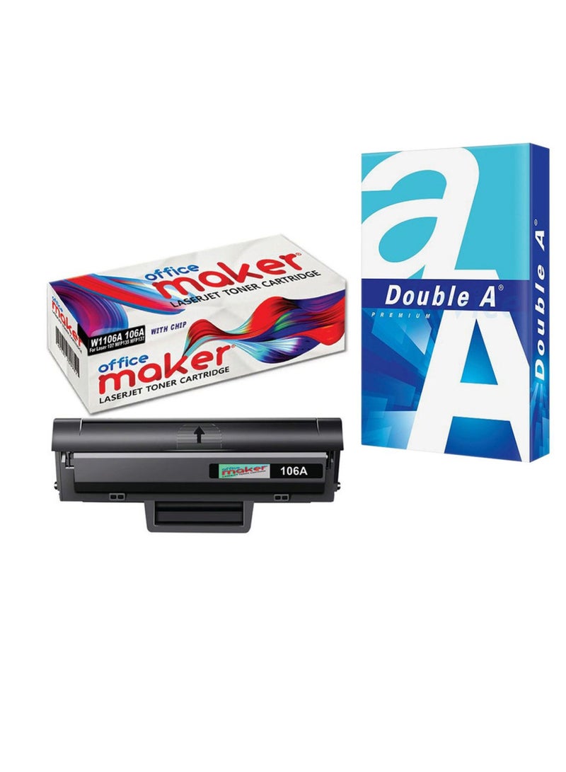 Office Maker 106A Black Toner Cartridge With One A4 Double A Copy Paper Ream - Image 1