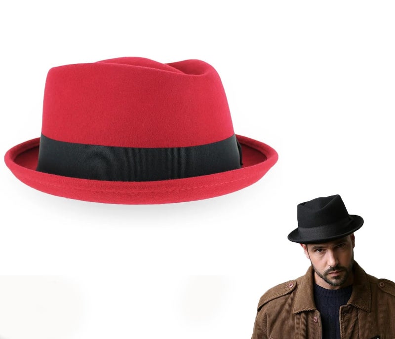 CLOTHERA Wool Blend Pork Pie Hat for Men/Women, Short-Brim Flat Top Hat (Red), Free Size - Image 5
