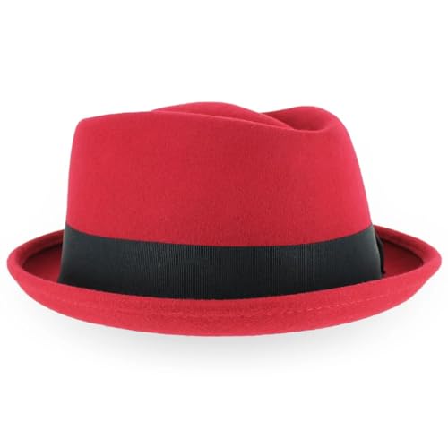 CLOTHERA Wool Blend Pork Pie Hat for Men/Women, Short-Brim Flat Top Hat (Red), Free Size - Image 2