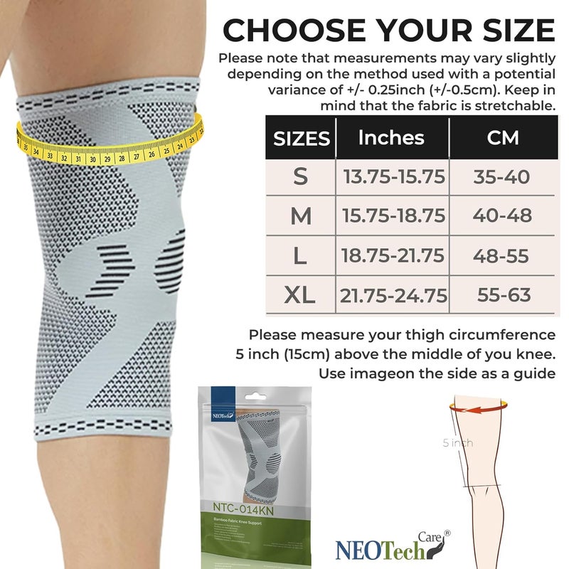 Neotech Care Bamboo Fiber Knee Support Lightweight Elastic Comfortable Breathable Fabric Sleeve Brace for Men Women Youth Right or Left Grey Colour Size L 1 Unit - Image 2