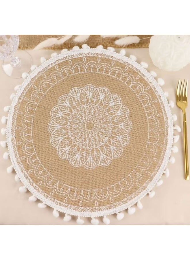 4 Pack | Natural 15" Jute & White Embroidery Mandala Print Placemats, Rustic Round Woven Burlap Tassel Table Mats With Beaded Edges - Image 1