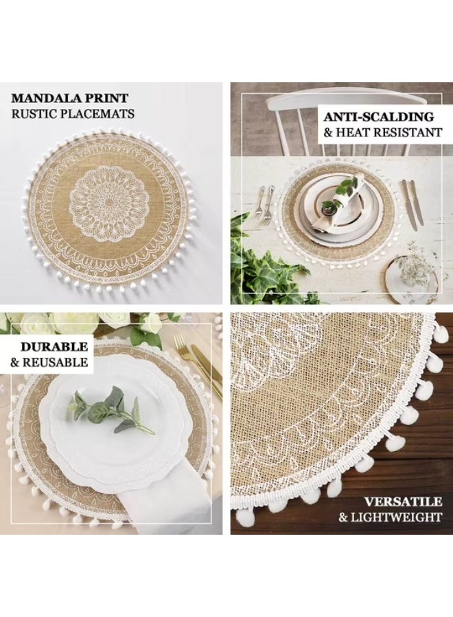 4 Pack | Natural 15" Jute & White Embroidery Mandala Print Placemats, Rustic Round Woven Burlap Tassel Table Mats With Beaded Edges - Image 2