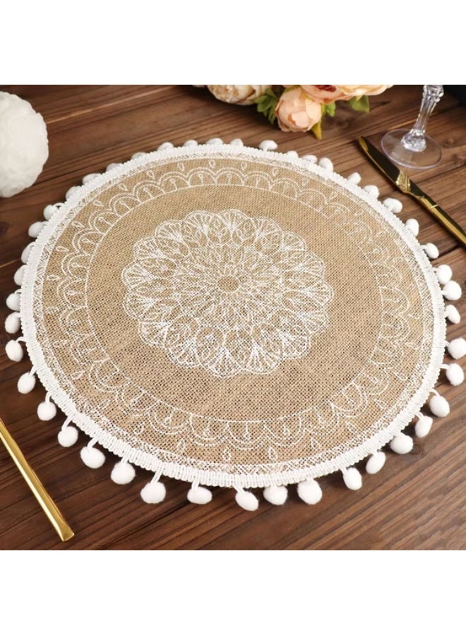 4 Pack | Natural 15" Jute & White Embroidery Mandala Print Placemats, Rustic Round Woven Burlap Tassel Table Mats With Beaded Edges - Image 3