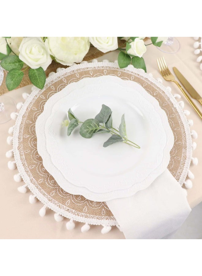 4 Pack | Natural 15" Jute & White Embroidery Mandala Print Placemats, Rustic Round Woven Burlap Tassel Table Mats With Beaded Edges - Image 4