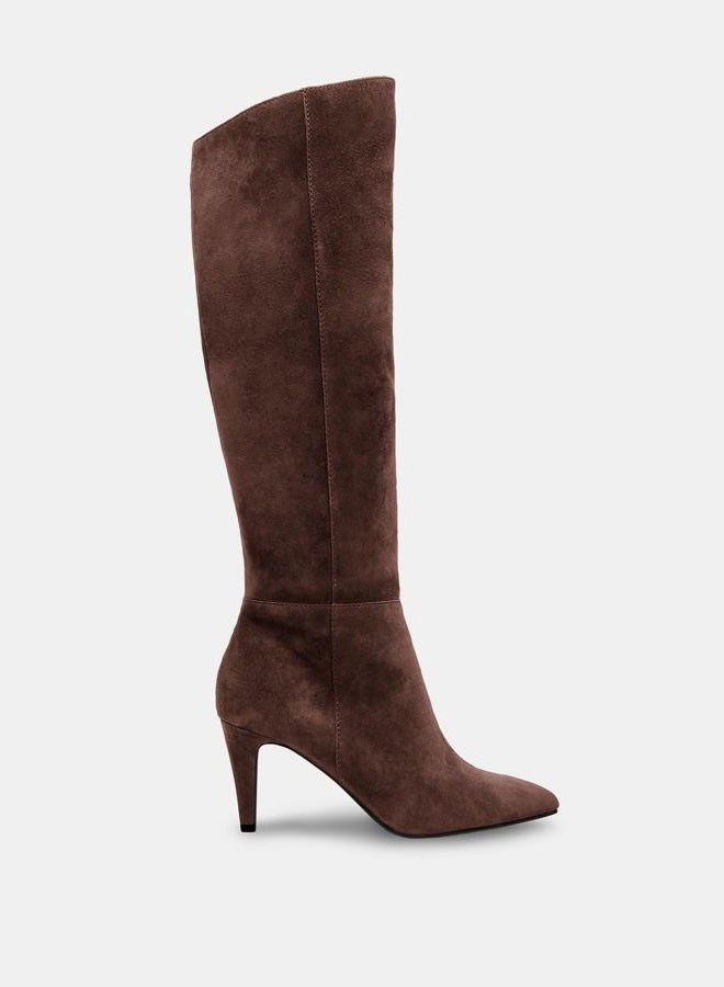 Coutgo Womens Wide Calf Knee High Boots Stiletto High Heel Pointed Toe Side Zipper Suede Long Boots Winter Shoes, Coffee, 9.5 - Image 4