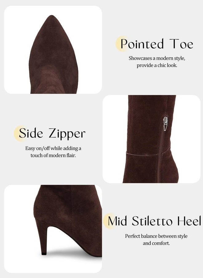 Coutgo Womens Wide Calf Knee High Boots Stiletto High Heel Pointed Toe Side Zipper Suede Long Boots Winter Shoes, Coffee, 9.5 - Image 5