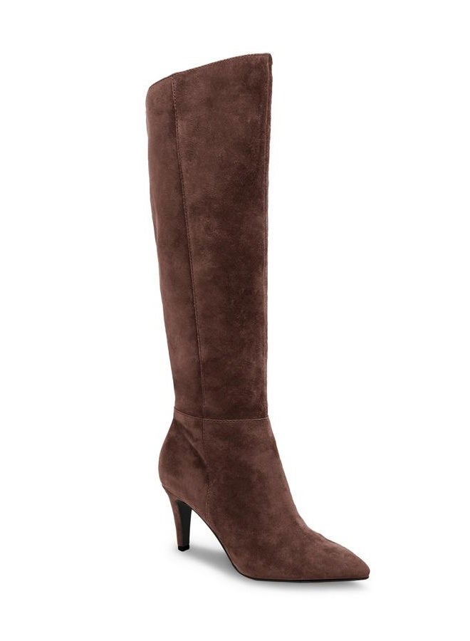 Coutgo Womens Wide Calf Knee High Boots Stiletto High Heel Pointed Toe Side Zipper Suede Long Boots Winter Shoes, Coffee, 9.5 - Image 1