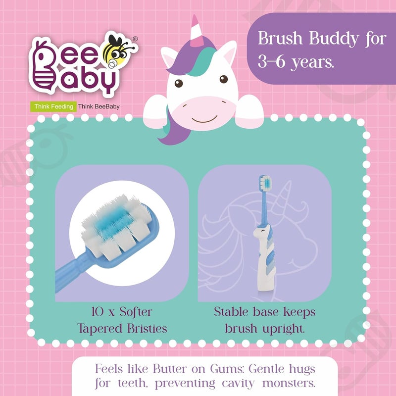 Beebaby Unicorn Brush Buddy Toothbrush for Kids 3-6 Years, Soft Handle for Easy Grip, 10 x Softer Tapered Bristles Ideal for Milk and Permanent Teeth, 100% BPA Free. Blue - Image 2