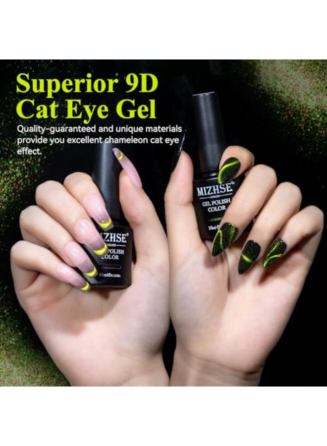 MIZHSE 9D Cat Eye Gel Nail Polish Bright Green Magnetic Gel Polish with Magnet Stick Magic Shimmer Galaxy Effect Holographic Glitter Silky Cat Eye Nail Polish Soak Off Nail Art Manicure at Home - Image 3
