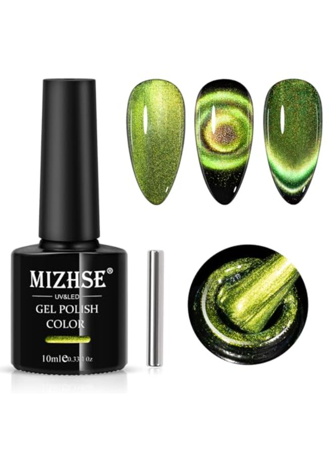 MIZHSE 9D Cat Eye Gel Nail Polish Bright Green Magnetic Gel Polish with Magnet Stick Magic Shimmer Galaxy Effect Holographic Glitter Silky Cat Eye Nail Polish Soak Off Nail Art Manicure at Home - Image 1