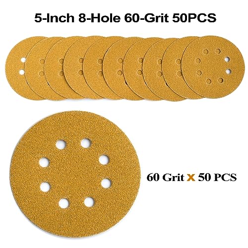 Aiyard 5-Inch 8-Hole Hook and Loop Sanding Discs 60-Grit Random Orbit Sandpaper, 50-Pack - Image 3