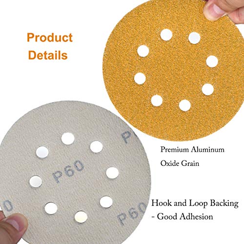 Aiyard 5-Inch 8-Hole Hook and Loop Sanding Discs 60-Grit Random Orbit Sandpaper, 50-Pack - Image 5