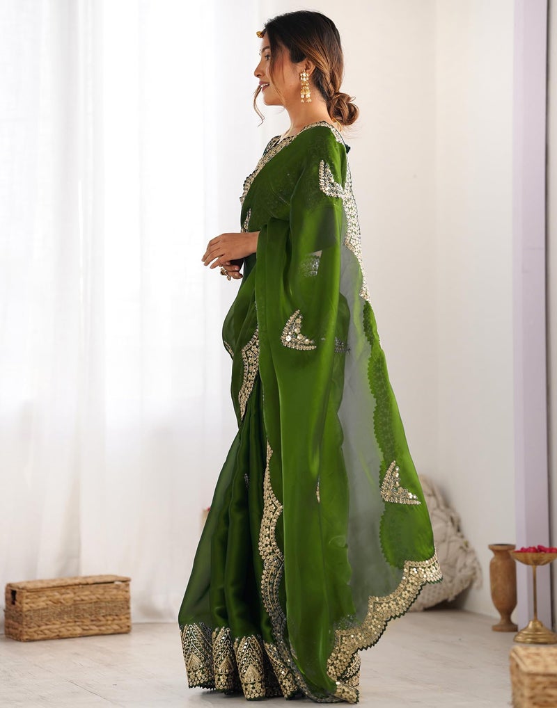 SIRIL Women's Tissue Soft Silk Embroidered Saree With Unstitched Blouse (4218S6643_Green) - Image 3