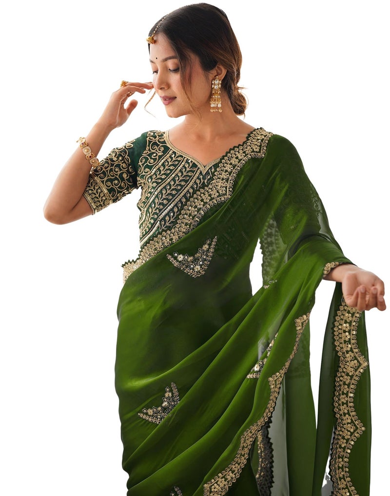 SIRIL Women's Tissue Soft Silk Embroidered Saree With Unstitched Blouse (4218S6643_Green) - Image 1