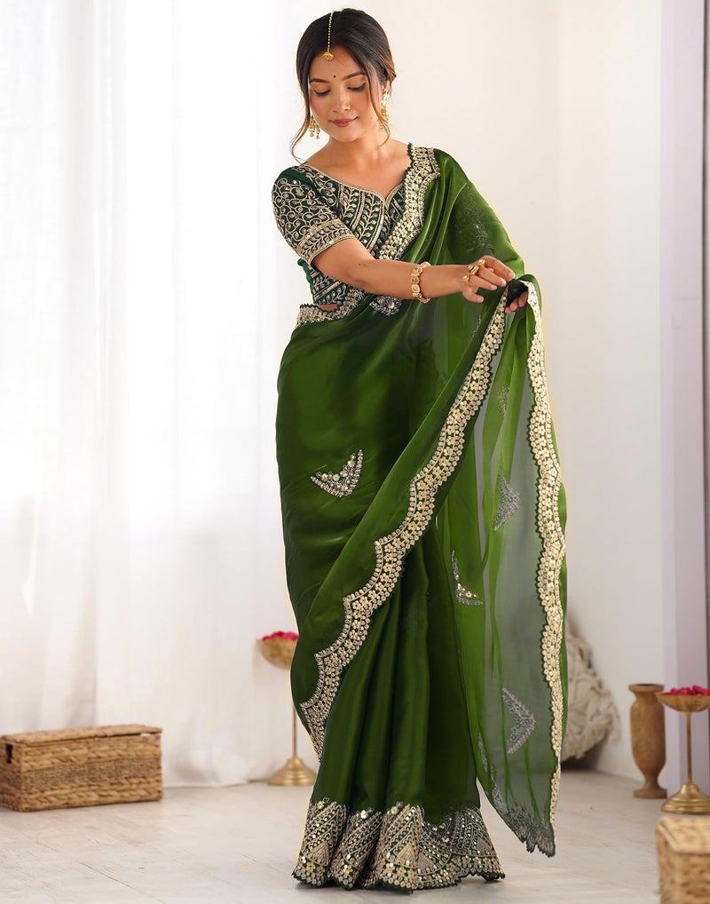 SIRIL Women's Tissue Soft Silk Embroidered Saree With Unstitched Blouse (4218S6643_Green) - Image 4