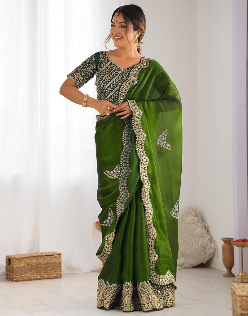 SIRIL Women's Tissue Soft Silk Embroidered Saree With Unstitched Blouse (4218S6643_Green) - Image 2