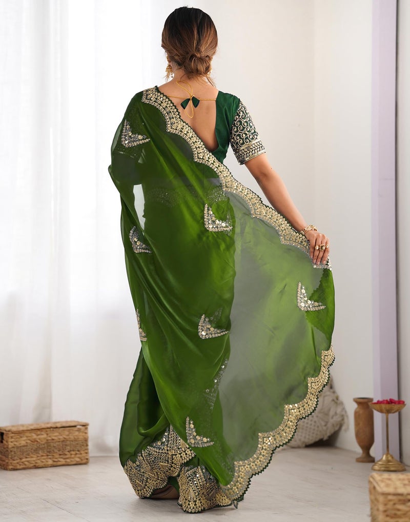 SIRIL Women's Tissue Soft Silk Embroidered Saree With Unstitched Blouse (4218S6643_Green) - Image 5