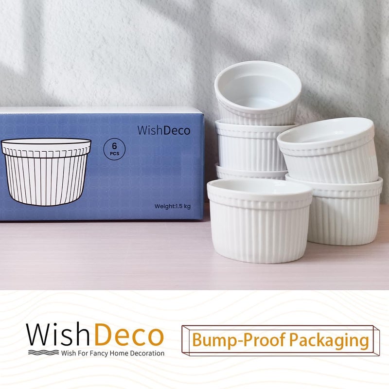 WishDeco Ramekins Set of 6, Ceramic Creme Brulee Ramekins 7 oz / 200 ml, White Dipping Sauce Dishes, Ramekin Bowls for Baking, Souffle, Custard Pudding, Cake, Oven Safe - Image 5