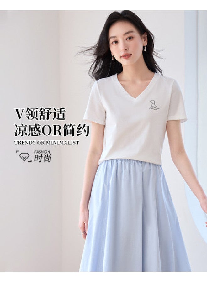 Hstyle v-neck Women's T-shirt 2025 Summer Thin Short Sleeve Slim-fit Casual Top - Image 1