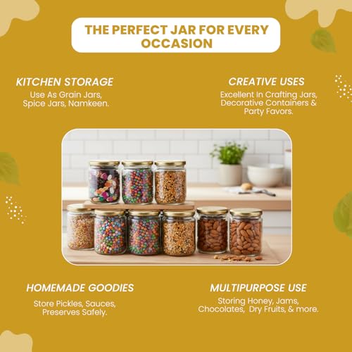 Machak Kitchen Storage Glass Jar With Air Tight Golden Metal Cap, 500 Gms, Clear (Set of 10) - Image 3