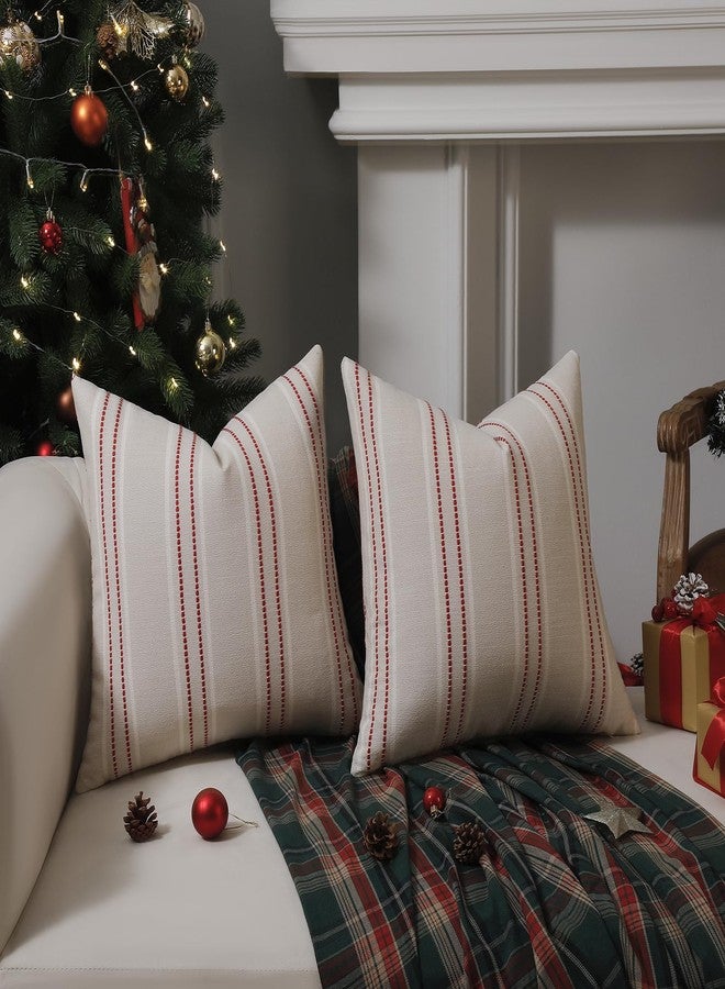 Hckot Christmas Throw Pillow Covers 20x20 Set of 2 Red Striped Pillow Covers Textured Linen Xmas Decorations Pillows Farmhouse Winter Holiday Decor for Sofa Living Room (Red) - Image 2