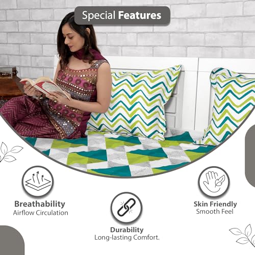 Divine Casa 144 TC Cotton Bedsheet for Double Bed with 2 Pillow Cover (222 x 254 cm, Aqua Lime, Geometric) - Image 4