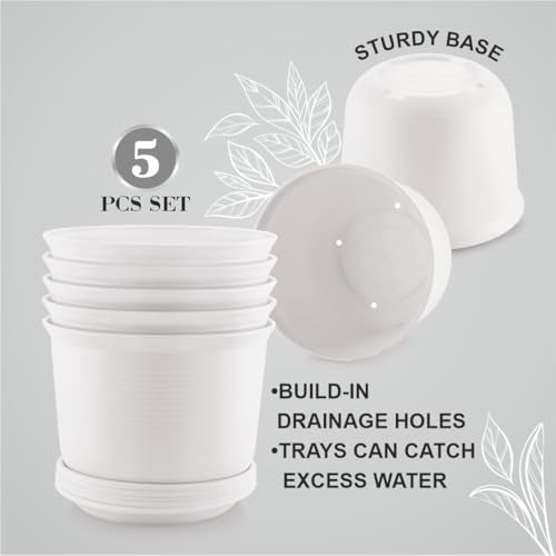 INKULTURE 10 Inch Plastic Round Flower Pots with Tray for Home Planters, Terrace, Garden Etc | Pack of 05 | White | for Home Indoor & Outdoor Gardening Plants - Image 4