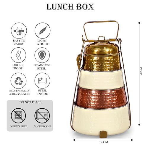 Elan Dabbahs and Days Lunch Box for Office use | Stainless Steel| Easy to Carry | Four Compartment Tiffin Box for School, College, Party, Picnic,Travel (Golden Color/Copper Color/Off White) - Image 2