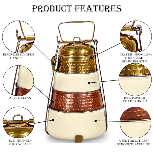 Elan Dabbahs and Days Lunch Box for Office use | Stainless Steel| Easy to Carry | Four Compartment Tiffin Box for School, College, Party, Picnic,Travel (Golden Color/Copper Color/Off White) - Image 3