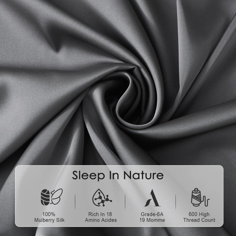 Cobnom Pure Mulberry Silk Pillowcases Set of 2  King Size Silk Pillow Cases - Grade-6A 19 Momme Soft Smooth Cooling with Zipper  Hair and Skin Friendly (Gray  20x36 Inch) - Image 3