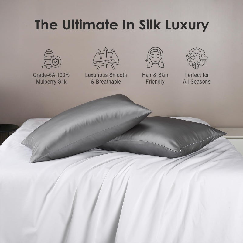 Cobnom Pure Mulberry Silk Pillowcases Set of 2  King Size Silk Pillow Cases - Grade-6A 19 Momme Soft Smooth Cooling with Zipper  Hair and Skin Friendly (Gray  20x36 Inch) - Image 2