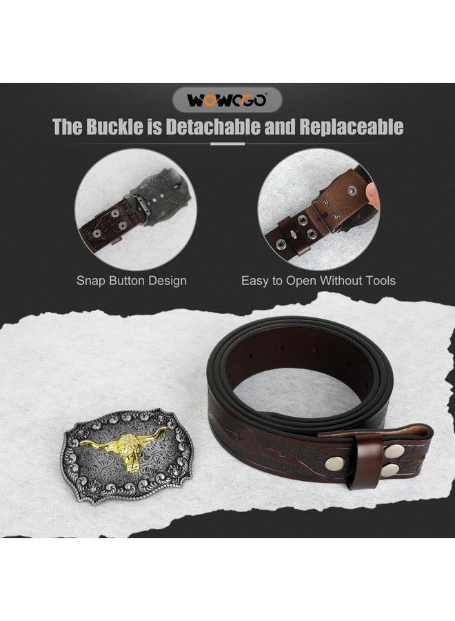 WOWOGO WOWOGO Western Cowboy Cowgirl Belt for Men Women Western Country Belt Buckle Floral Engraved Leather Belt - Image 3