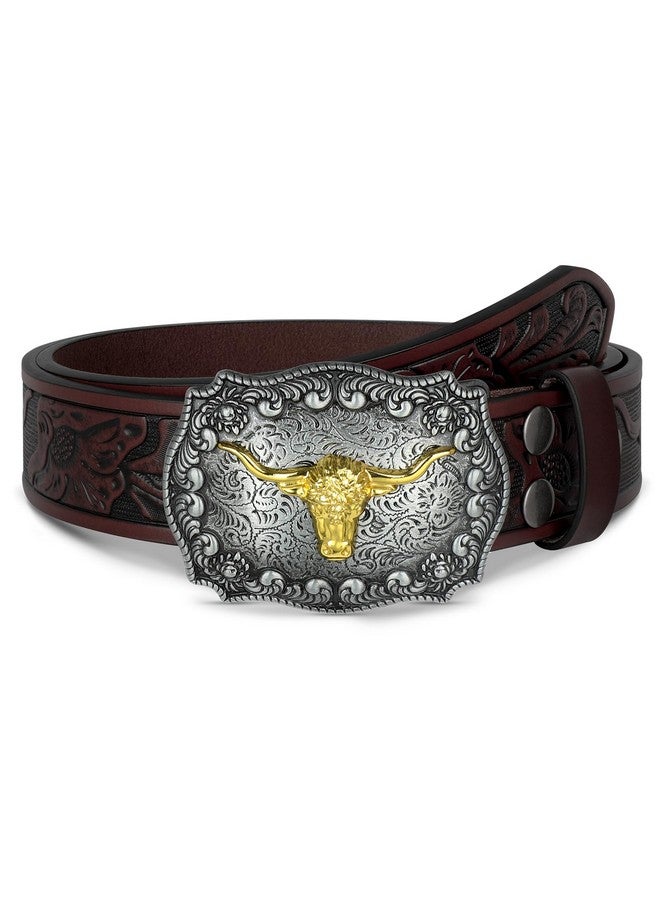 WOWOGO WOWOGO Western Cowboy Cowgirl Belt for Men Women Western Country Belt Buckle Floral Engraved Leather Belt - Image 1