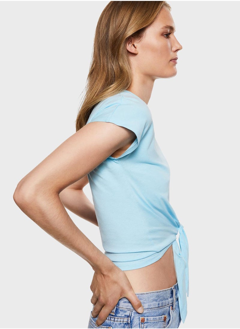 MANGO - Round Neck Tie Detail Crop T-Shirt - Image 1
