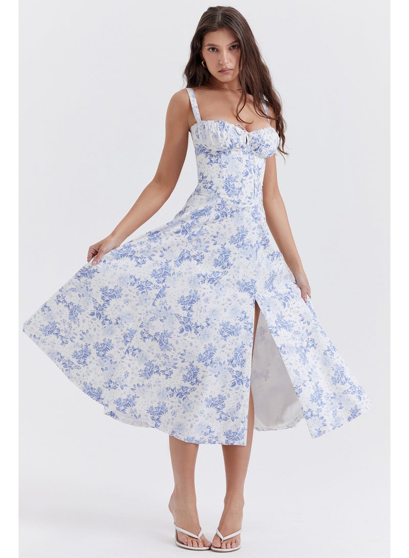 SCACTO Floral Print Bustier Top Lace Up Split Midi Dress 