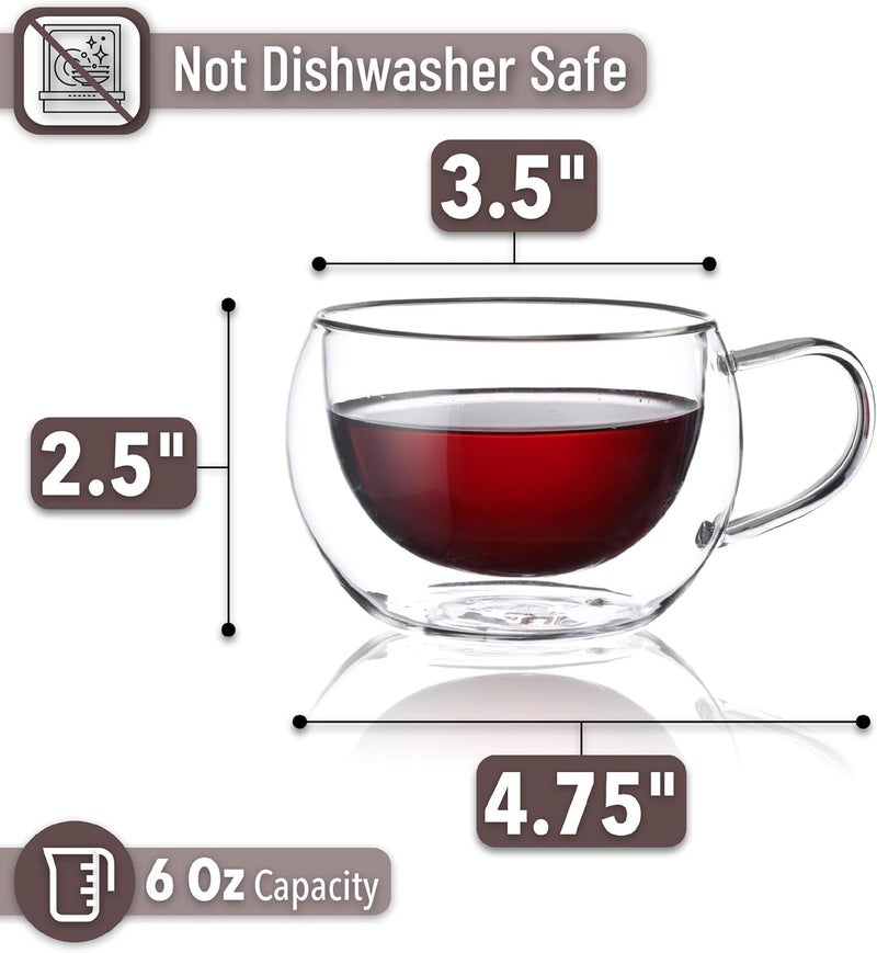 HAKKU Double Wall Insulated Glass Coffee Mugs with Handle Set of 2 | 200ml | Everyday Drinking Tea Cups Perfect for Latte, Espresso, Cappuccinos, Tea Bag, Hot & Cold Beverage (2, 200ml) - Image 2