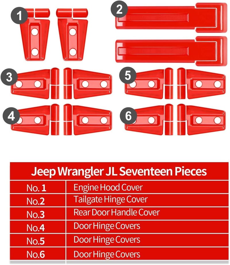 Hoolcar 12PC Door Hinge Cover Trim Kit for 2007-2017 Jeep Wrangler JK JKU - Red - Image 4