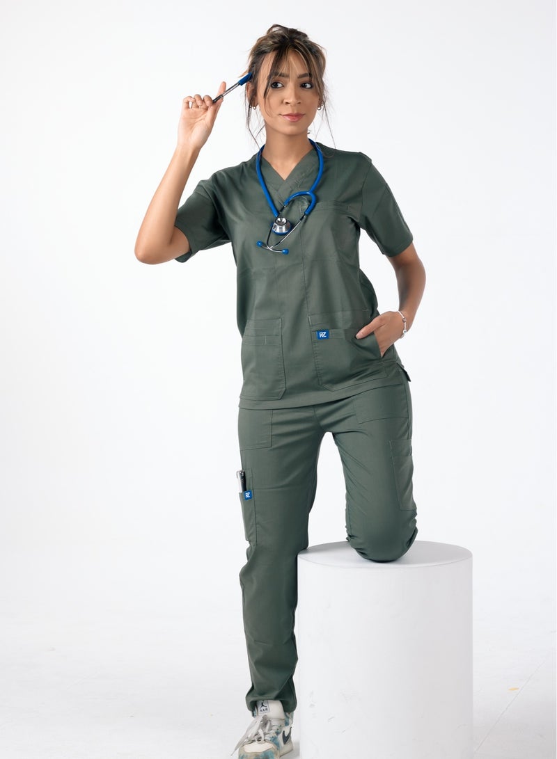 RZ RZ1 Women's Olive Green Medical Scrub, Soft and Comfortable Lycra Polyester Blend, 2 Piece Set, Ideal for Medical Environments  - Image 2